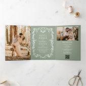 French Victorian Sage Green QR Code Photo Wedding 三つ折り招待状 (内部)