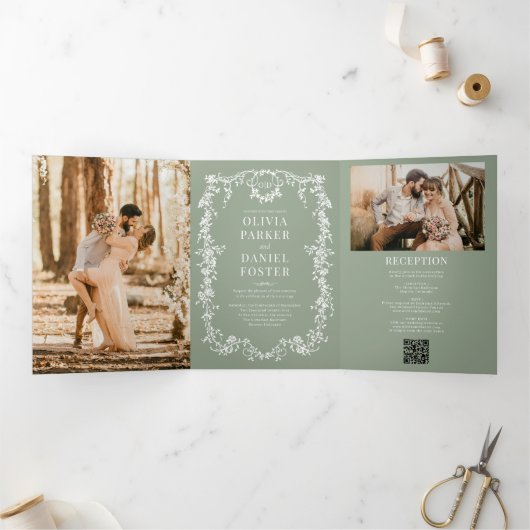 French Victorian Sage Green QR Code Photo Wedding 三つ折り招待状 (内部)