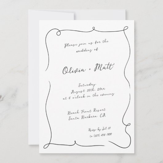 French Whimsical Script Wedding Invite White 招待状 (正面)