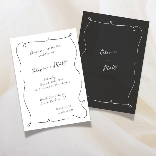 French Whimsical Script Wedding Invite White 招待状