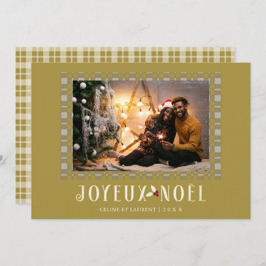 French White Gold Tartan Joyeux Noël Custom Photo シーズンカード (正面/裏面)