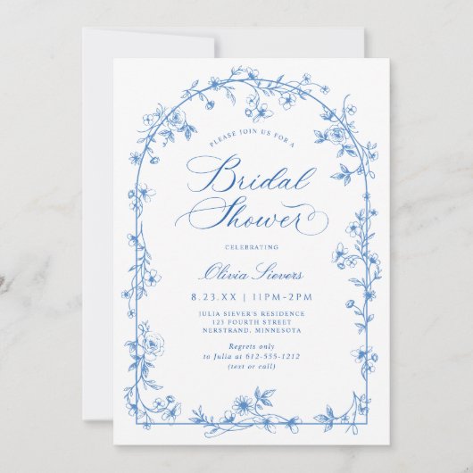 French Wildflower Toile Blue Bridal Shower 招待状 (正面)