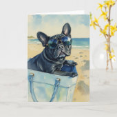 Frenchie at the Beach Watercolor カード (黄色い花)