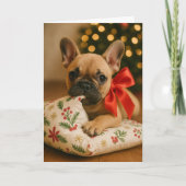 Frenchie Christmas Card – Puppy on Pillow カード (正面)