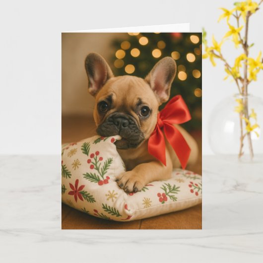 Frenchie Christmas Card – Puppy on Pillow カード (黄色い花)