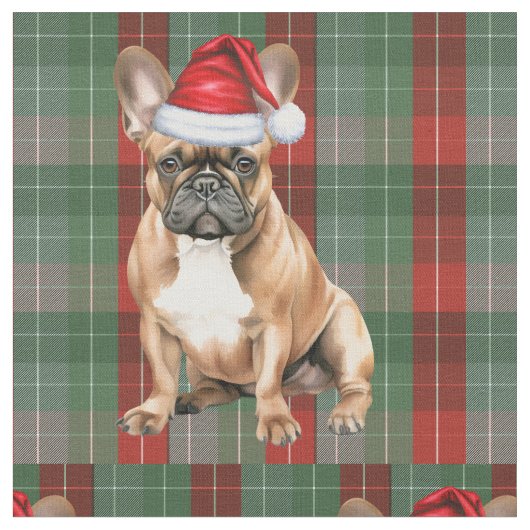 Frenchie Dog with a Red Green Plaid Holiday Fabric ファブリック (クローズアップ)