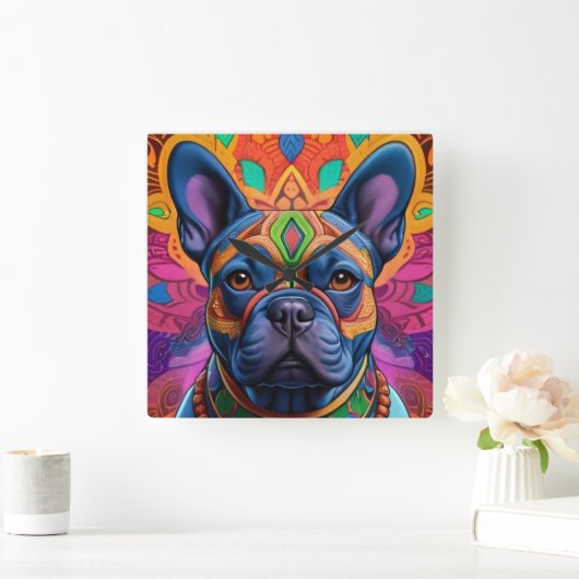 Frenchie Fun Birthday Fantasy スクエア壁時計 (ホーム)