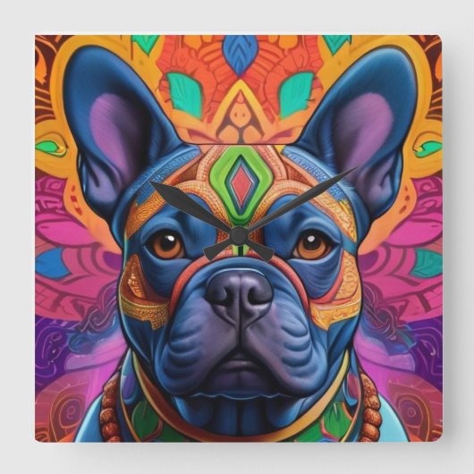 Frenchie Fun Birthday Fantasy スクエア壁時計 (正面)