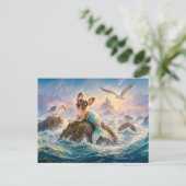 Frenchie Mermaid Seagull Cliff Scene ポストカード (スタンド正面)