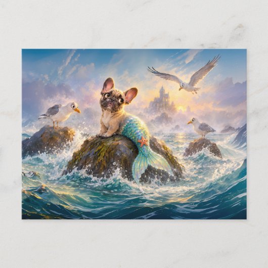 Frenchie Mermaid Seagull Cliff Scene ポストカード (正面)