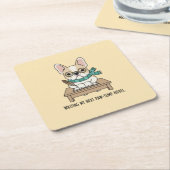 Frenchie Puppy Author Writing Pastel Yellow Doodle スクエアペーパーコースター (アングル)