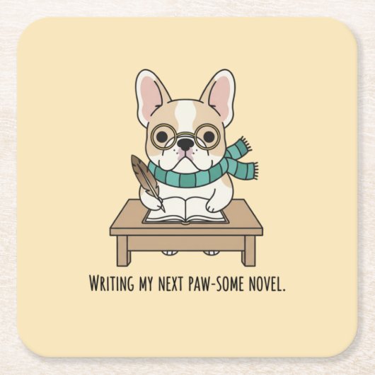Frenchie Puppy Author Writing Pastel Yellow Doodle スクエアペーパーコースター (正面)