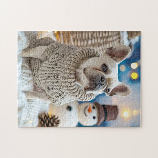 Frenchie With Snowman Christmas ジグソーパズル (横)