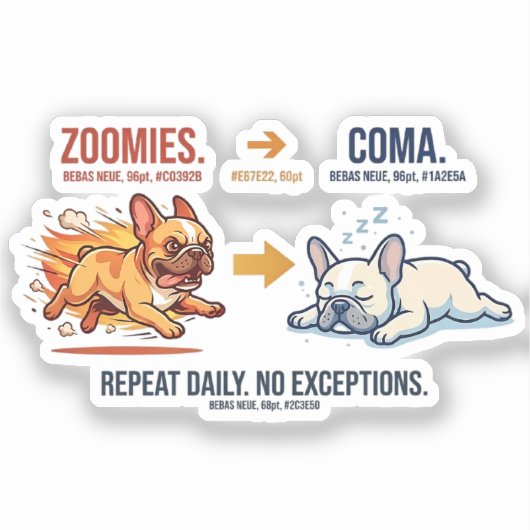 Frenchie Zoomies Coma Repeat Funny Dog Sticker シール (正面)