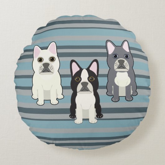 Frenchies Blue Striped ラウンドクッション (正面)