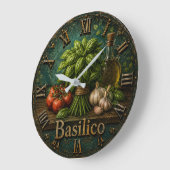 Fresh Basilico Italian Herb Farmhouse Kitchen ラージ壁時計 (傾斜)