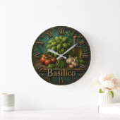 Fresh Basilico Italian Herb Farmhouse Kitchen ラージ壁時計 (ホーム)