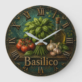 Fresh Basilico Italian Herb Farmhouse Kitchen ラージ壁時計