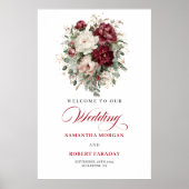 Fresh Boho Burgundy Floral Greenery Welcome Sign ポスター (正面)