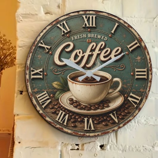 Fresh Brewed Coffee Rustic Farmhouse ラージ壁時計