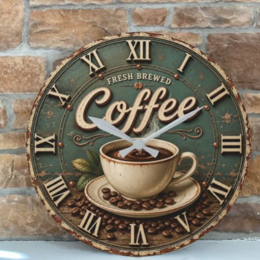 Fresh Brewed Coffee Rustic Farmhouse ラージ壁時計