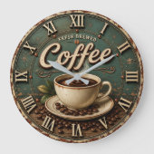 Fresh Brewed Coffee Rustic Farmhouse ラージ壁時計 (正面)