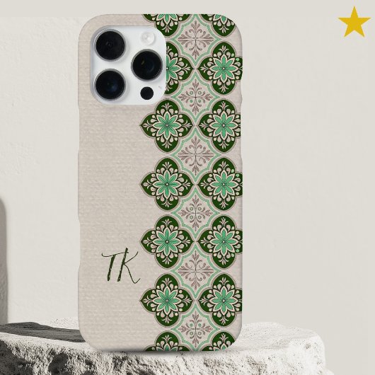 Fresh Chic Green Blue Portuguese Tiles Monogram  iPhoneケース