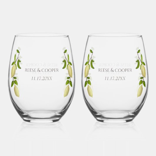 Fresh Citrus Painted Lemons Modern Mediterranean ステムなしワイングラス (正面)