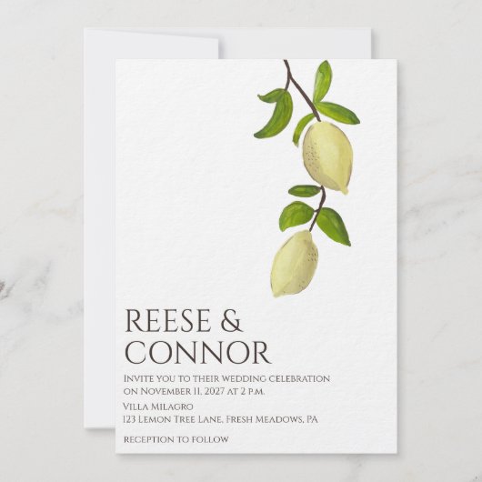 Fresh Citrus Painted Lemons Modern Mediterranean 招待状 (正面)