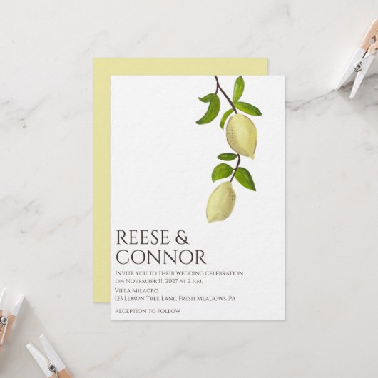 Fresh Citrus Painted Lemons Modern Mediterranean 招待状 (正面/裏面インサイチュ)