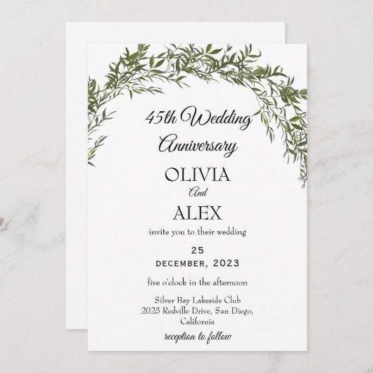 Fresh Classic Greenery Wedding Anniversary  招待状 (正面/裏面)