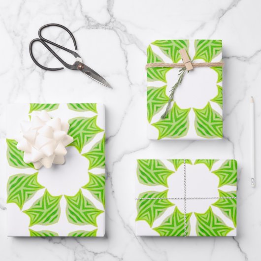 Fresh Green Geometric Leaf Pattern Gift Wrap ラッピングペーパーシート (正面)