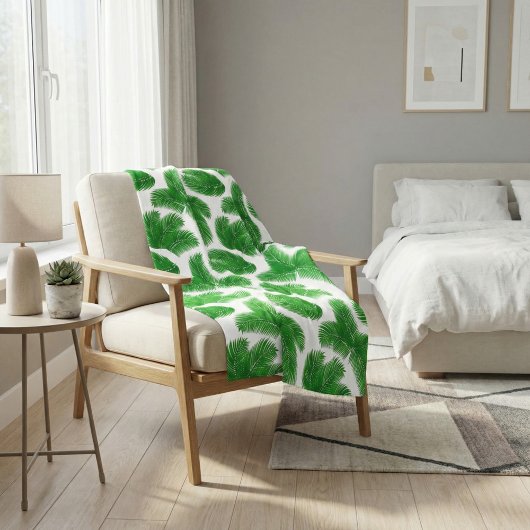 Fresh Green Palm Leaves Tropical Print フリースブランケット