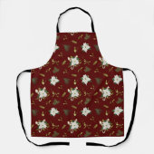 Fresh Green White Floral Maroon Apron Kitchen Wear エプロン (正面)