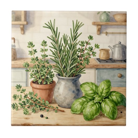 Fresh Kitchen Herbs Watercolor  タイル (正面)