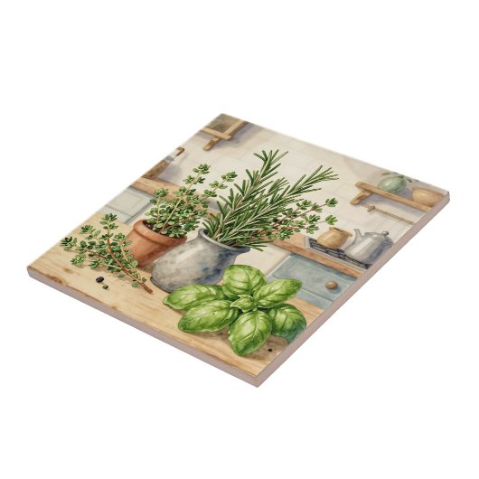 Fresh Kitchen Herbs Watercolor  タイル (側面)
