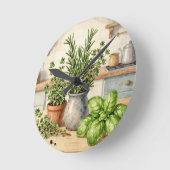 Fresh Kitchen Herbs Watercolor  ラウンド壁時計 (傾斜)
