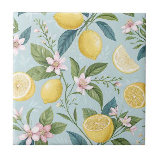 Fresh Lemon Floral Botanical Pattern  タイル (正面)