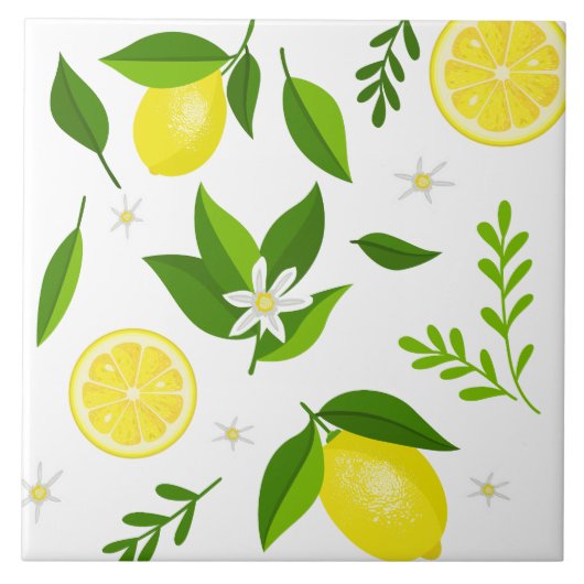 Fresh lemons with flowers and leaves タイル (正面)