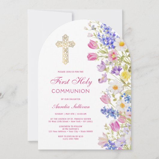 Fresh Meadow Flowers Arch First Communion 招待状 (正面)