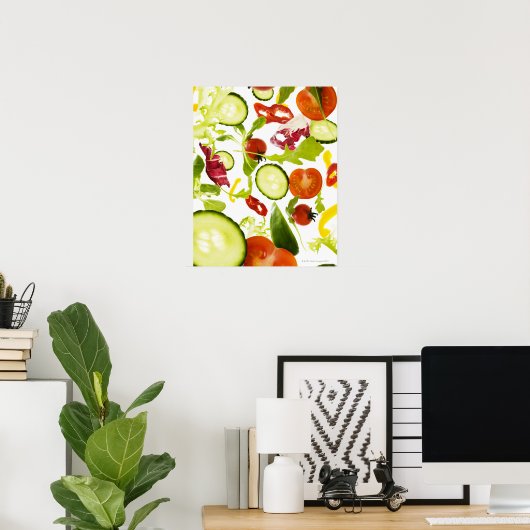 Fresh mixed salad vegetables falling to camera ポスター (ホームオフィス)