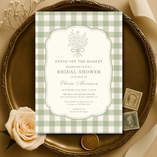 Fresh Off the Market Gingham Bridal Shower 招待状