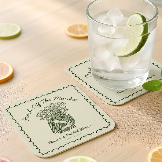 Fresh Off The Market Hand Drawn Bridal Shower スクエアペーパーコースター