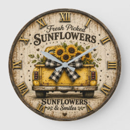 Fresh Picked Sunflowers Vintage Yellow Farm Truck ラージ壁時計