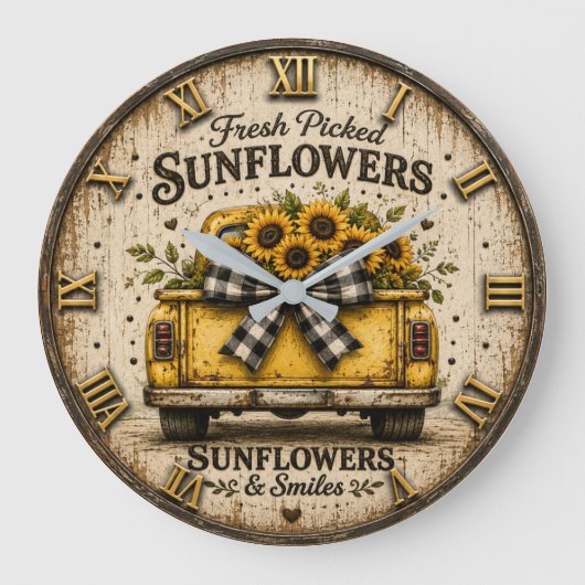 Fresh Picked Sunflowers Vintage Yellow Farm Truck ラージ壁時計 (正面)