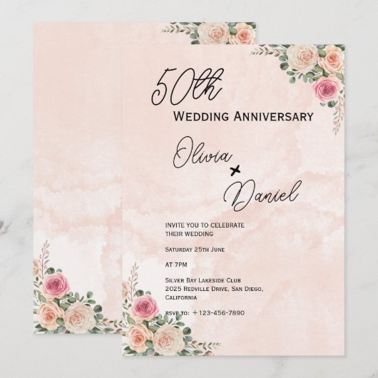 Fresh Pink Cream Floral Wedding Anniversary  招待状 (正面/裏面)