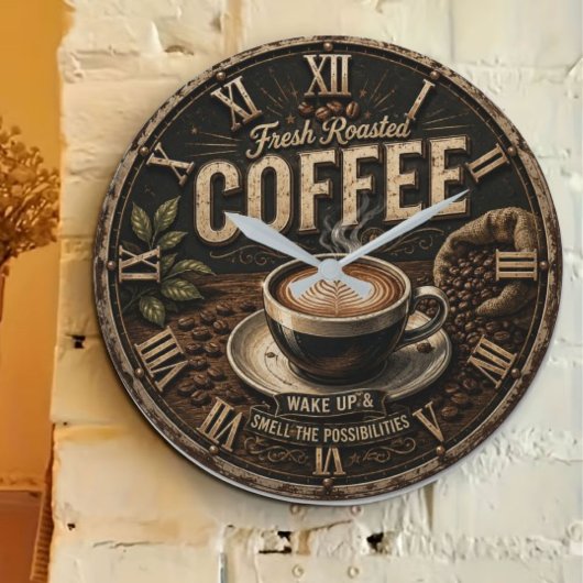 Fresh Roasted Coffee Rustic Farmhouse ラージ壁時計