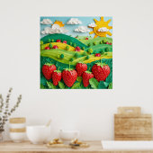 Fresh Strawberries Displayed on Greenfield  ポスター (キッチン)