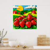 Fresh Strawberries Displayed on Greenfield  ポスター (キッチン)