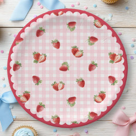 Fresh Strawberry with Pink Gingham Pattern ペーパープレート